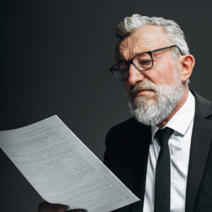 Senior mężczyzna czytający dokument ZUS – podwyższenie emerytury po wyroku Trybunału Konstytucyjnego